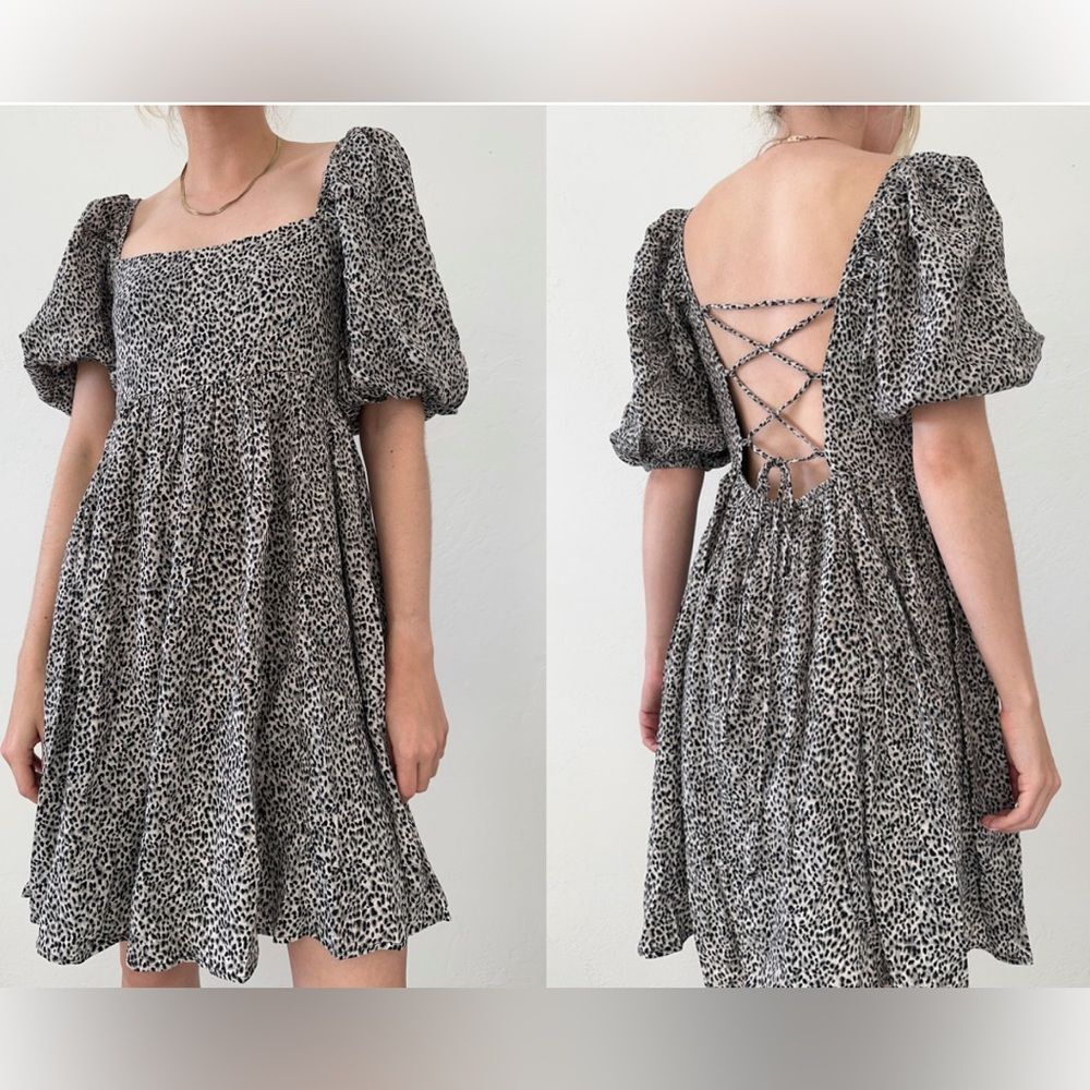 By Together Leopard Puff Sleeve Animal Print Baby Doll Dress Grey and Black NWT